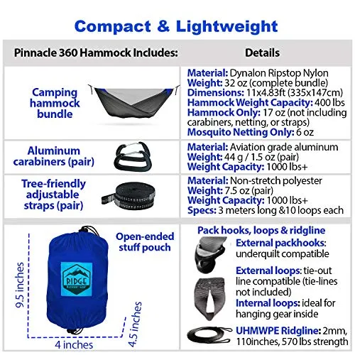 Camping Hammock with Mosquito Net - Pinnacle 360 11 ft - Ultralight Hammock Tent Bundle with Bug Netting, Straps, and Carabiners Fully Removable Net