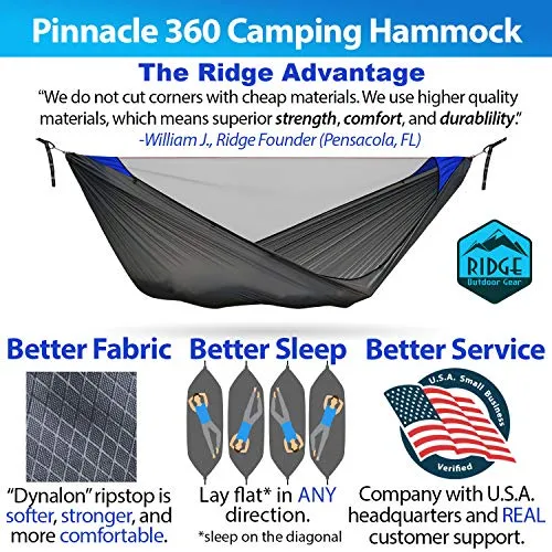 Camping Hammock with Mosquito Net - Pinnacle 360 11 ft - Ultralight Hammock Tent Bundle with Bug Netting, Straps, and Carabiners Fully Removable Net