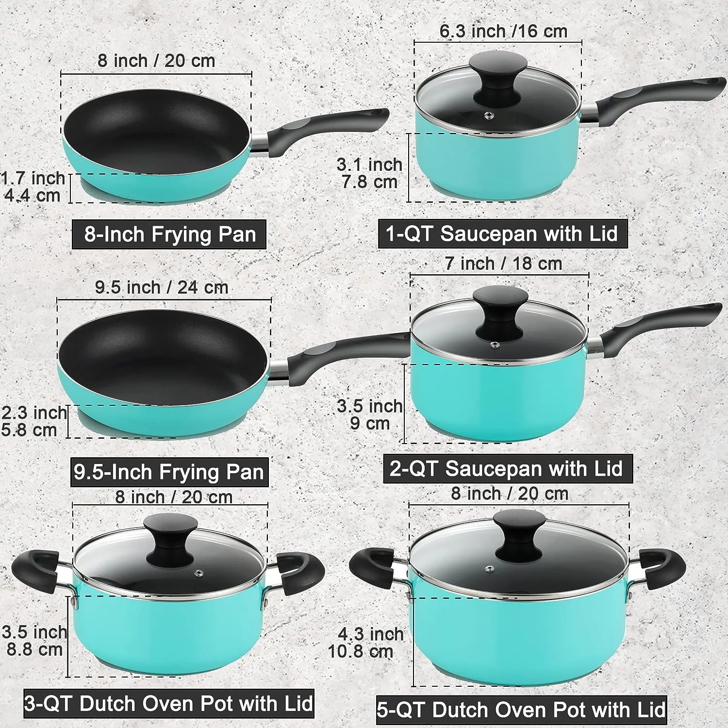 Cook N Home Kitchen Cookware Sets Nonstick, Pots and Pans Set Includes Stockpots, Saucepans, Frying Pans, Dutch Oven Pot with Lids, 10-Piece, Turquoise