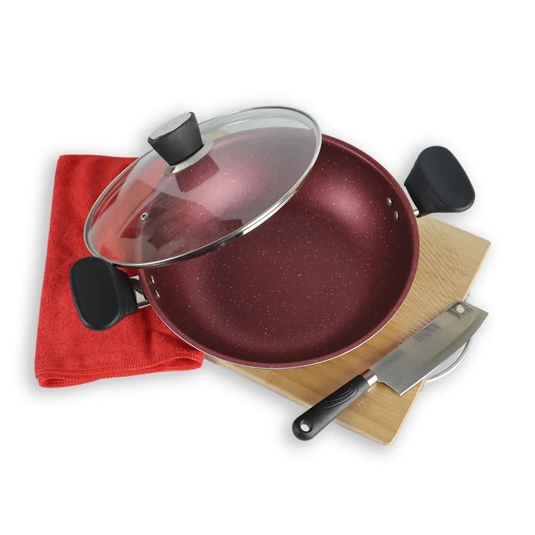 Marble Coated Wok (Karahi) with Glass Lid - Maroon