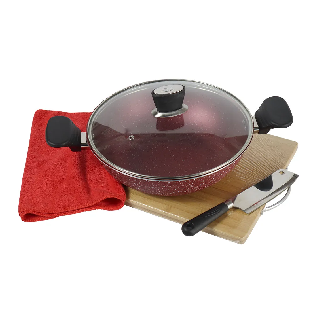 Marble Coated Wok (Karahi) with Glass Lid - Maroon