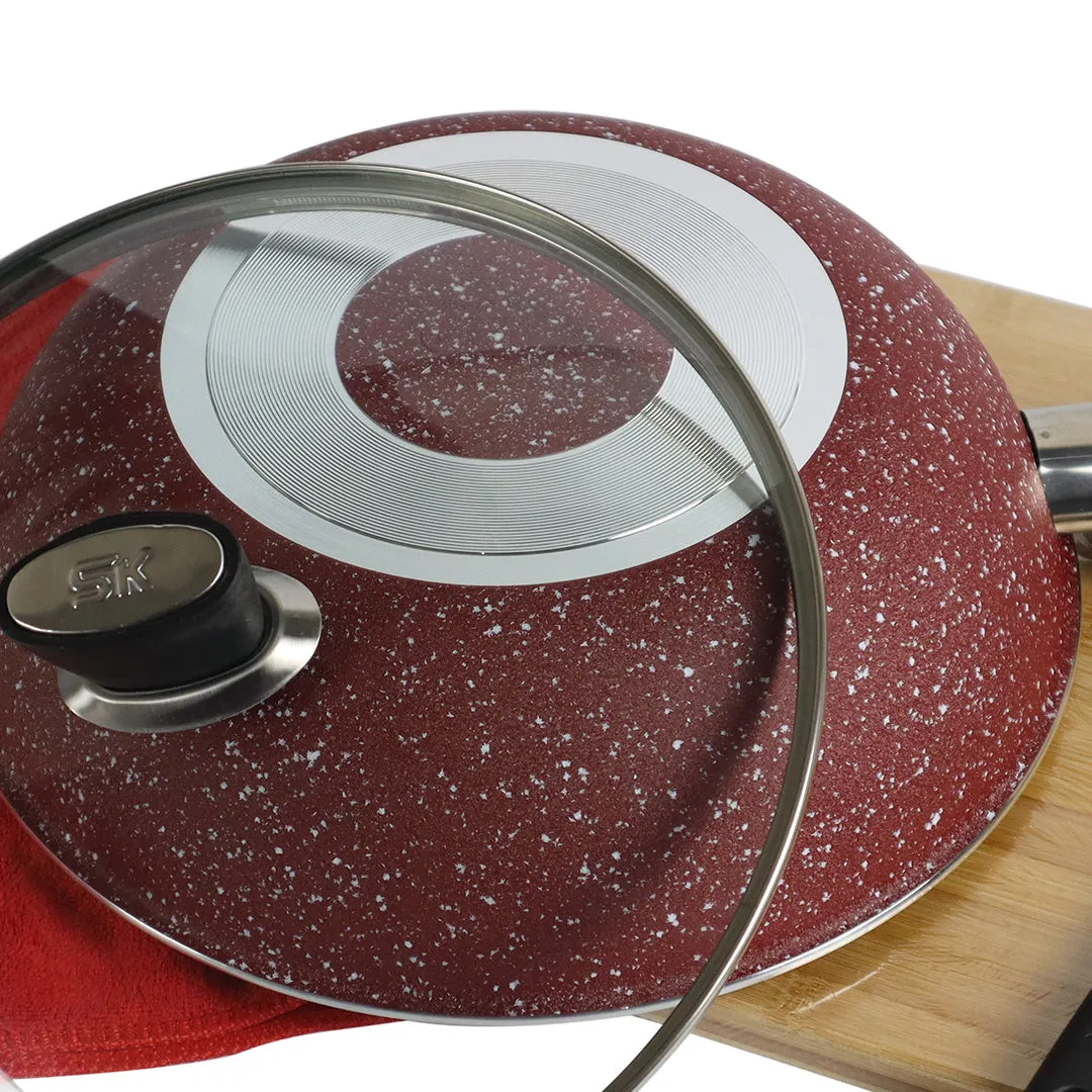 Marble Coated Wok (Karahi) with Glass Lid - Maroon